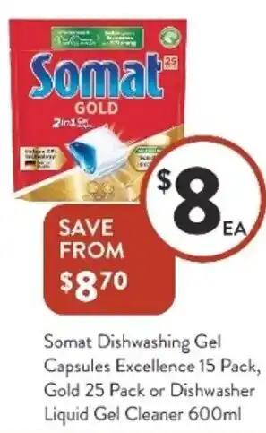 Somat Dishwashing Gel Capsules Excellence 15 Pack, Gold 25 Pack or Dishwasher Liquid Gel Cleaner 600ml