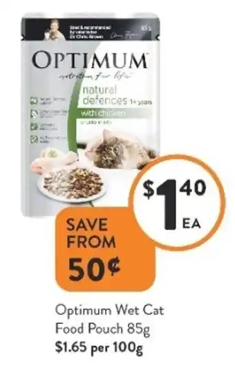 Foodworks Optimum Wet Cat Food Pouch 85g $1.65 Per 100g offer
