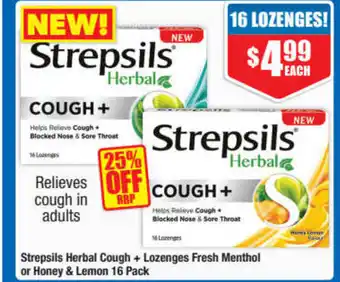 Strepsils Herbal Cough + Lazenges Fresh Menthol or Honey & Lemon 16 Pack