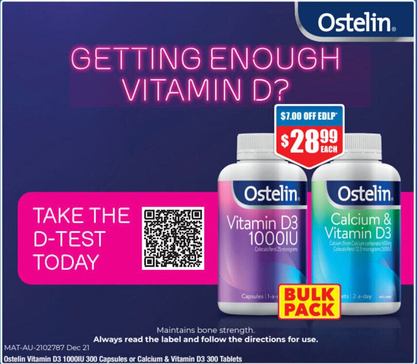 Ostelin Vitamin D3 1000IU 300 Capsules or Calcium & Vitamin D3 300 Tablets offer at ePharmacy