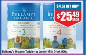 Chemist Warehouse Bellamy's Organic Toddler or Junior Milk Drink 900g offer