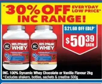 Chemist Warehouse INC. 100% Dynamic Whey Chocolate or Vanilla Flavour 2kg offer