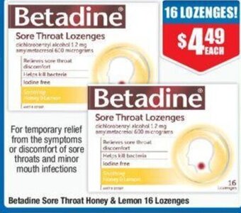 Chemist Warehouse Betadine Sore Throat Honey & Lemon 16 Lozenges offer