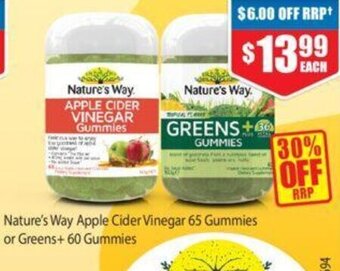 Chemist Warehouse Nature's Way Apple Cider Vinegar 65 Gummies or Greens+ 60 Gummies offer