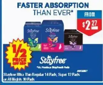Stayfree Ultra Thin Regular 14 Pads, Super 12 Pads or All Nights 10 Pads
