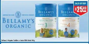 Chemist Warehouse Bellamy's Organic Toddler or Junior Milk Drink 900g offer