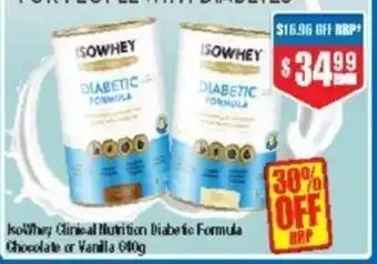 Chemist Warehouse Isowhey Clinical Nutrition Diabetic Formula Chocolate or Vanilla 640g offer