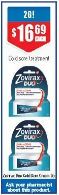 Chemist Warehouse Zovirax Duo Cold Sore Cream 2g offer