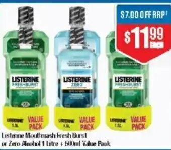 Chemist Warehouse Listerine Mouthwash Fresh Burst or Zero Alcohol 1 Litre + 500ml Value Pack offer