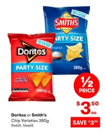 BIG W Doritos or Smith's Chip Varieties 380g offer