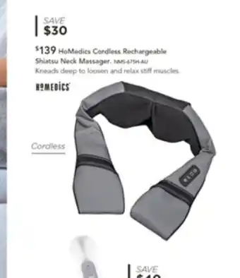 Harvey Norman HoMedics Cordless Rechargeable Shiatsu Neck Massager offer