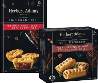 Herbert Adams Party Pies 420g or King Island Sausage Rolls 420g Pk 12