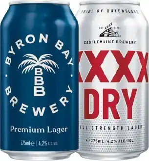 Woolworths Byron Bay Premium Lager OR XXX Dry Cans 15x375ml offer