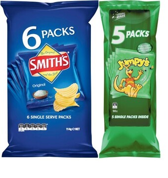 Coles Smith’s Chips 6 Pack 114g or Jumpy’s Snacks 5 Pack 90g offer