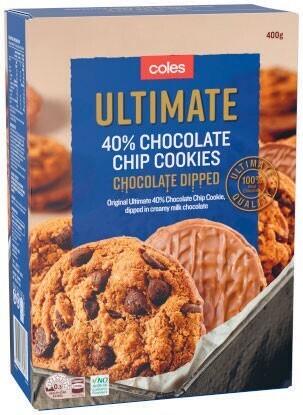 Coles Coles Ultimate Chocolate Dipped 40% Choc Chip Cookies 400g offer