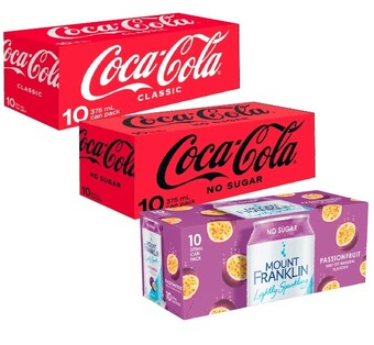 Coles Coca-Cola, Fanta or Sprite Soft Drink or Mount Franklin Lightly Sparkling Cans 10x375mL offer