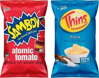 IGA Thins or Samboy Chips 150-175g or Assorted Multipacks 5-6 Pack Selected Varieties offer