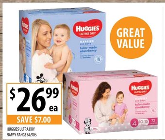 Supabarn Huggies Ultra Dry Nappy Range 64/90's offer