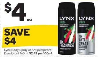 Woolworths Lynx Body Spray or Antiperspirant Deodorant 165ml offer