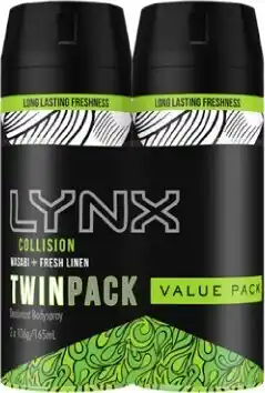 BIG W Lynx Twin Packs 2 x 165ml Deodorant - Collision Wasabi + Fresh Linen offer