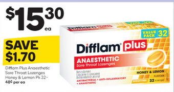 Woolworths Difflam Plus Anaesthetic Sore Throat Lozenges Honey & Lemon Pk 32- offer