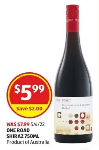 ALDI One Road Shiraz 750ml offer