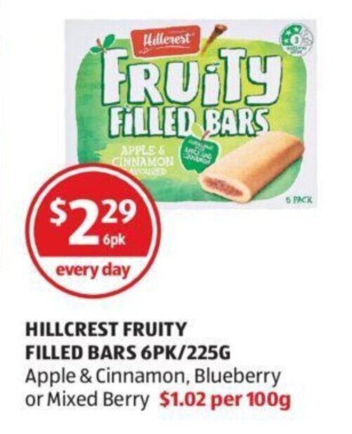 Hillcrest Fruity Filled Bars 6pk/225g offer at ALDI