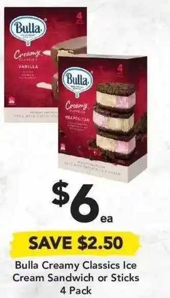 Drakes Bulla Creamy Classics Ice Cream Sandwich Or Sticks 4 Pack offer