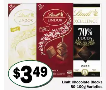 Friendly Grocer Lindt Chocolate Block 80-100g Varieties offer