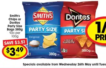 Ritchies Smith's Chip or Doritos Party Size Bags 380g offer