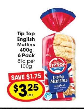 Ritchies Tip Top English Muffins 400g 6 Pack offer