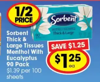 Ritchies Sorbent Thick & Large Tissues Menthol With Eucalyptus 90 Pack offer