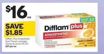 Woolworths Difflam Plus Anaesthetic Sore Throat Lozenges Honey & Lemon offer
