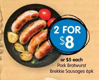 Spudshed Pork Bratwurst Brekkie Sausages 6pk offer