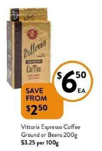 Foodworks Vittoria espresso coffee ground or beans 200g offer