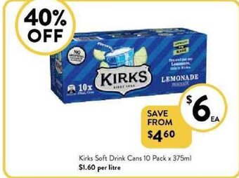 Foodworks Kirks soft drink cans 10 pack x 375ml offer
