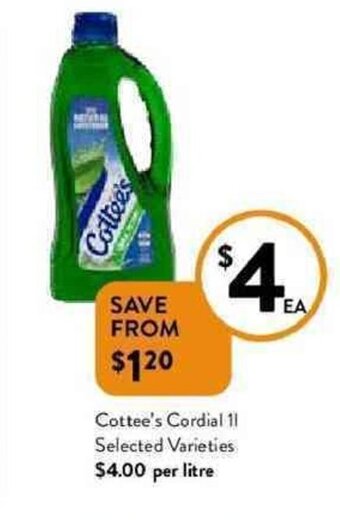 Foodworks Cottee's cordial 1l selected varieties offer