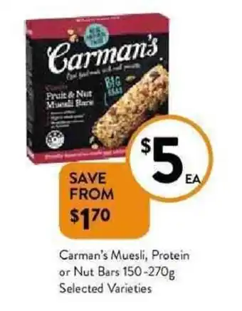 Foodworks Carman's muesli, protein or nut bars 150-270g selected variaties offer