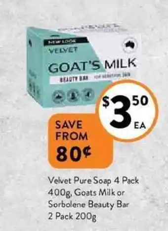 Foodworks Velvet pure soap 4 pack 400g, goats milk or sorbolene beauty bar 2 pack 200g offer