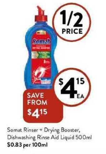 Foodworks Somat rinser + drying booster, dishwashing rinse aid liquid 500ml offer