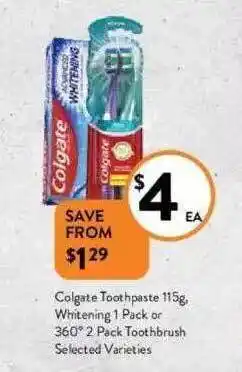 Foodworks Colgate Toothpaste, Whitening Or 360° 2 Pack Toothbrush offer