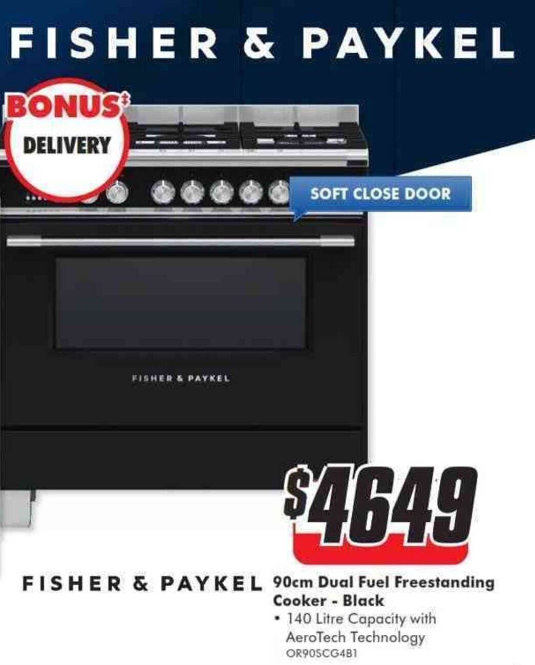 Fisher & Paykel 90cm Dual Fuel Freestanding Cooker Black OR90SCG4B1