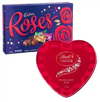 Coles Cadbury Roses Boxed Chocolate 450g or Lindt Lindor Heart Tin 147g offer