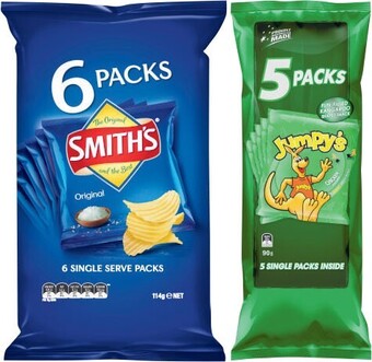 Coles Smith’s Chips 6 Pack 114g or Jumpy’s Snacks 5 Pack 90g offer