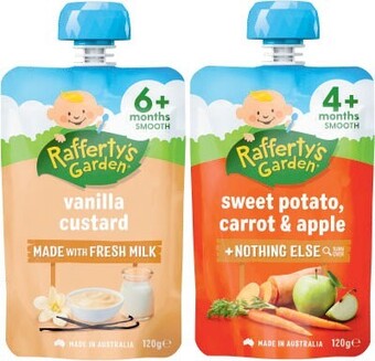 Coles Rafferty’s Garden 4 Month, 6 Month or 8 Month Baby Food Pouch 120g offer