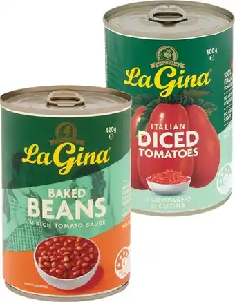 Woolworths La Gina Canned Tomatoes, Baked Beans or Spaghetti 400­-420g offer