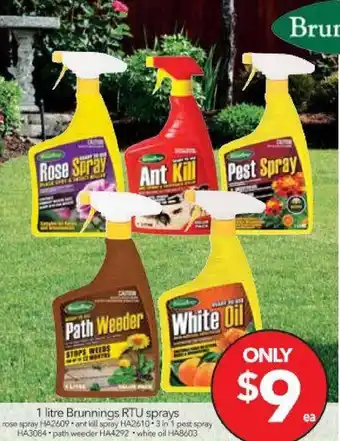 Cheap as Chips 1 Litre Brunnings RTU Sprays HA2609/HA2610/HA3084/HA4292/HA8603 offer