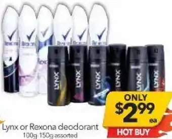 Cheap as Chips Lynx or Rexona Deodorant Asstd offer