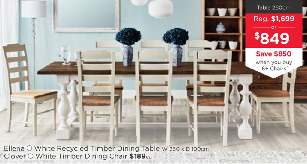 Ellena White Recycled Timber Dining Table 260cm offer at Early Settler