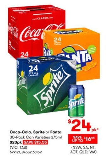 BIG W Coca-Cola, Sprite or Fanta 30-Pack Can Varieties 375ml offer
